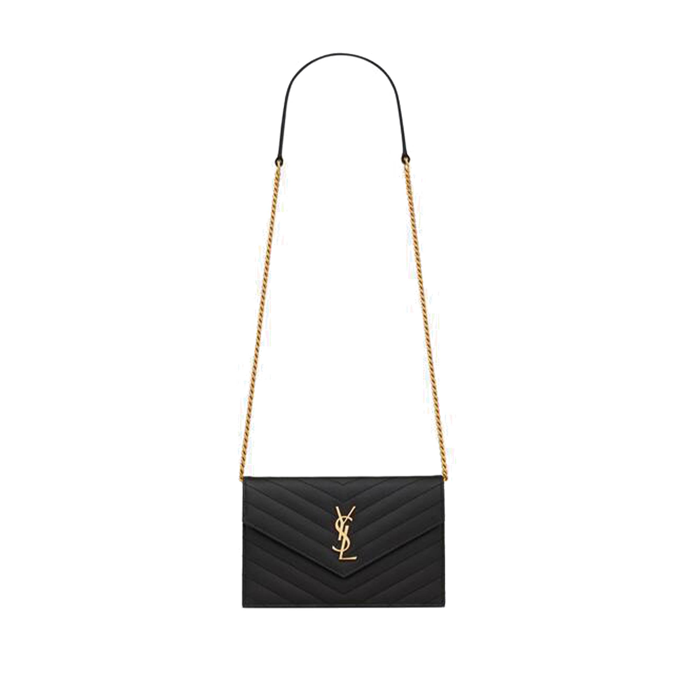 YSL CASSANDRE MATELASSÉ ENVELOPE CHAIN WALLET IN GRAIN DE POUDRE EMBOSSED LEATHER 742920BOW011000 (19*12.5*3.5cm)