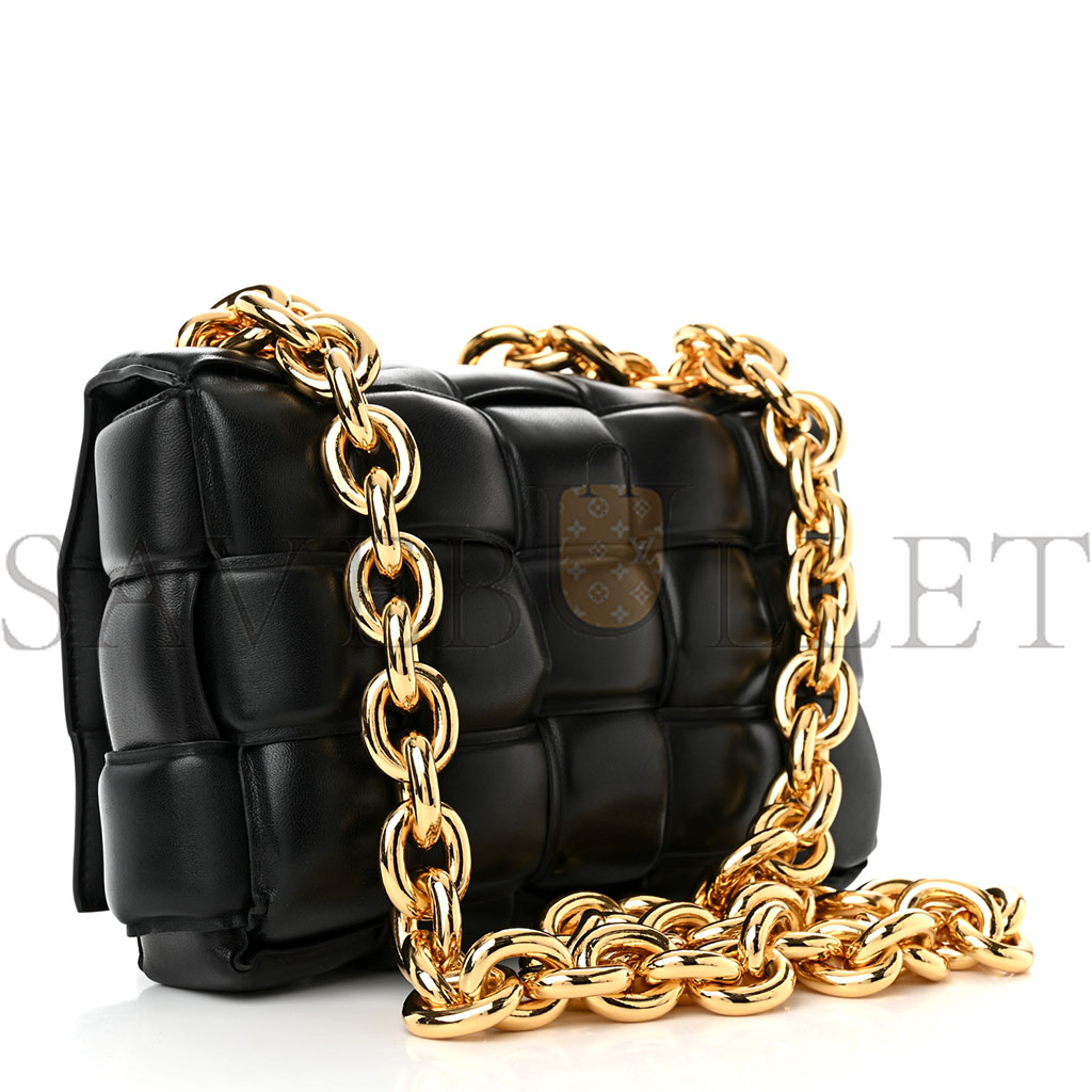 BOTTEGA VENETA LAMBSKIN MAXI INTRECCIO PADDED CHAIN CASSETTE CROSSBODY BAG BLACK 25*17*8cm)