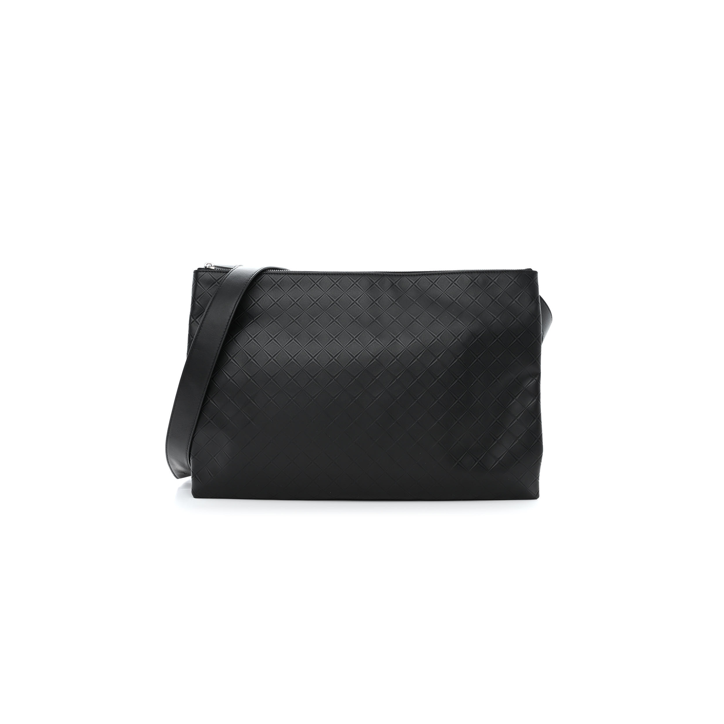 BOTTEGA VENETA INTRECCIATO EMBOSSED TRIPLE ZIP MESSENGER BAG BLACK  (38*25*3cm)