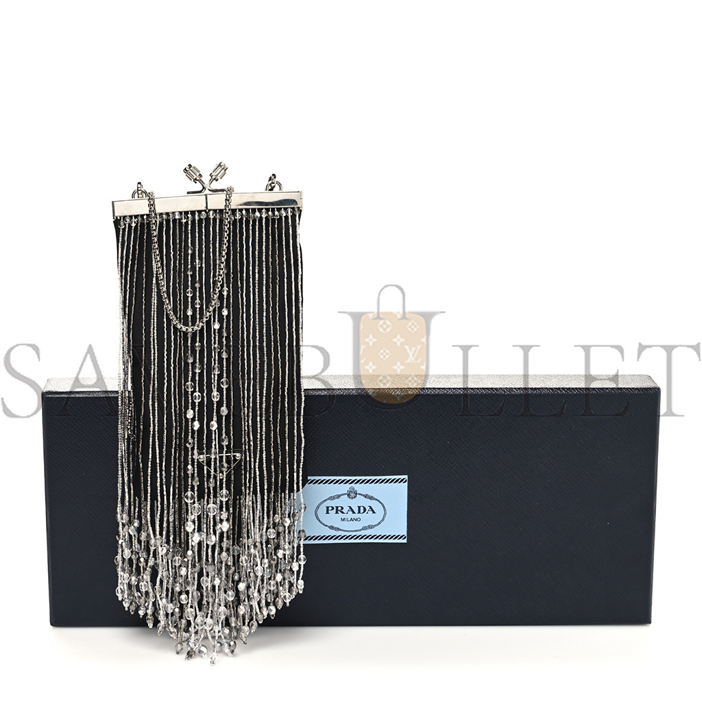 PRADA NYLON BEADED FRINGE FLAT CHAIN CLUTCH BLACK (20*11*1cm)