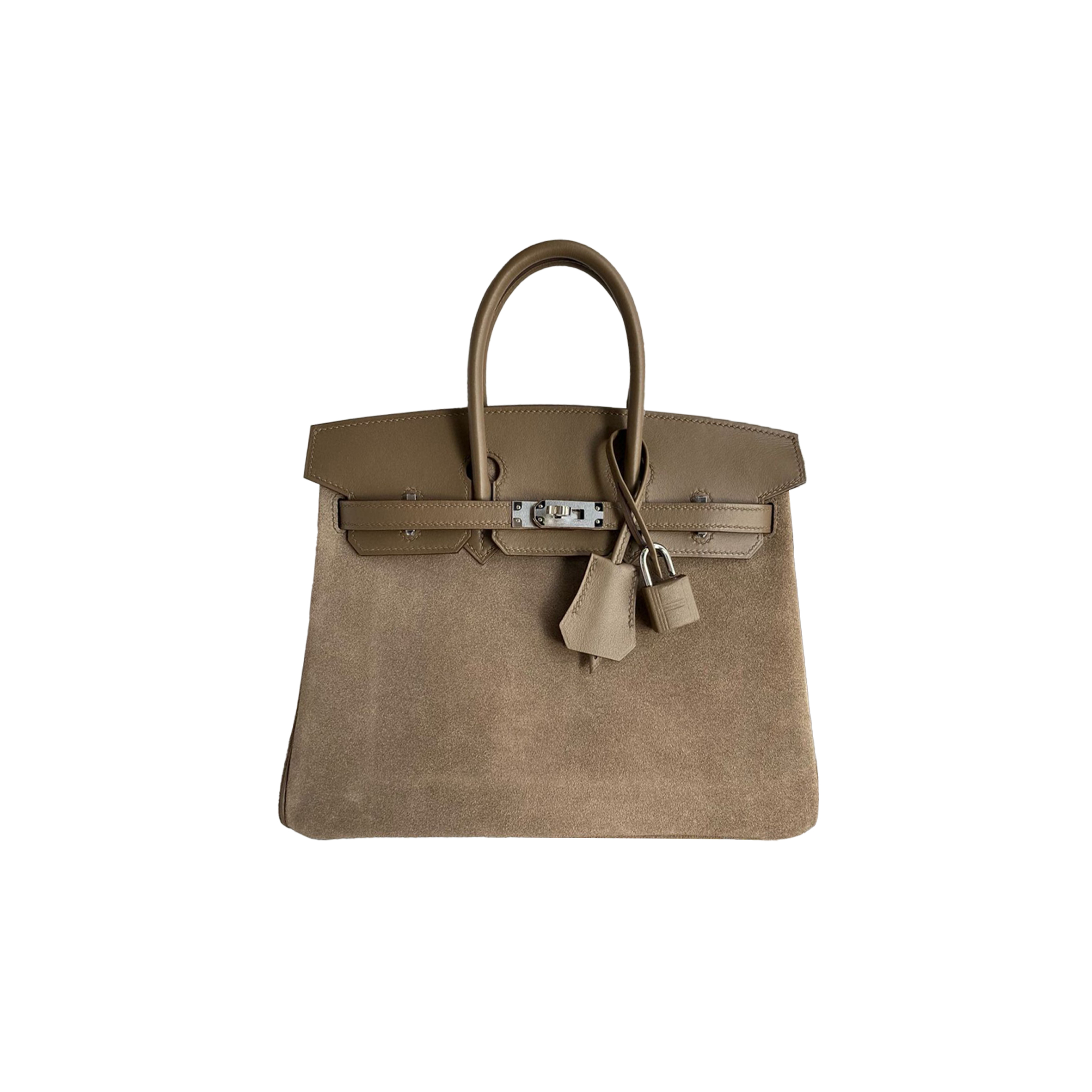 HERMES BIRKIN 25 GRIZZLY SUEDE GRIS CAILLOU SWIFT PALLADIUM TOP HANDLE TOTE BAG  (25*19*12cm)