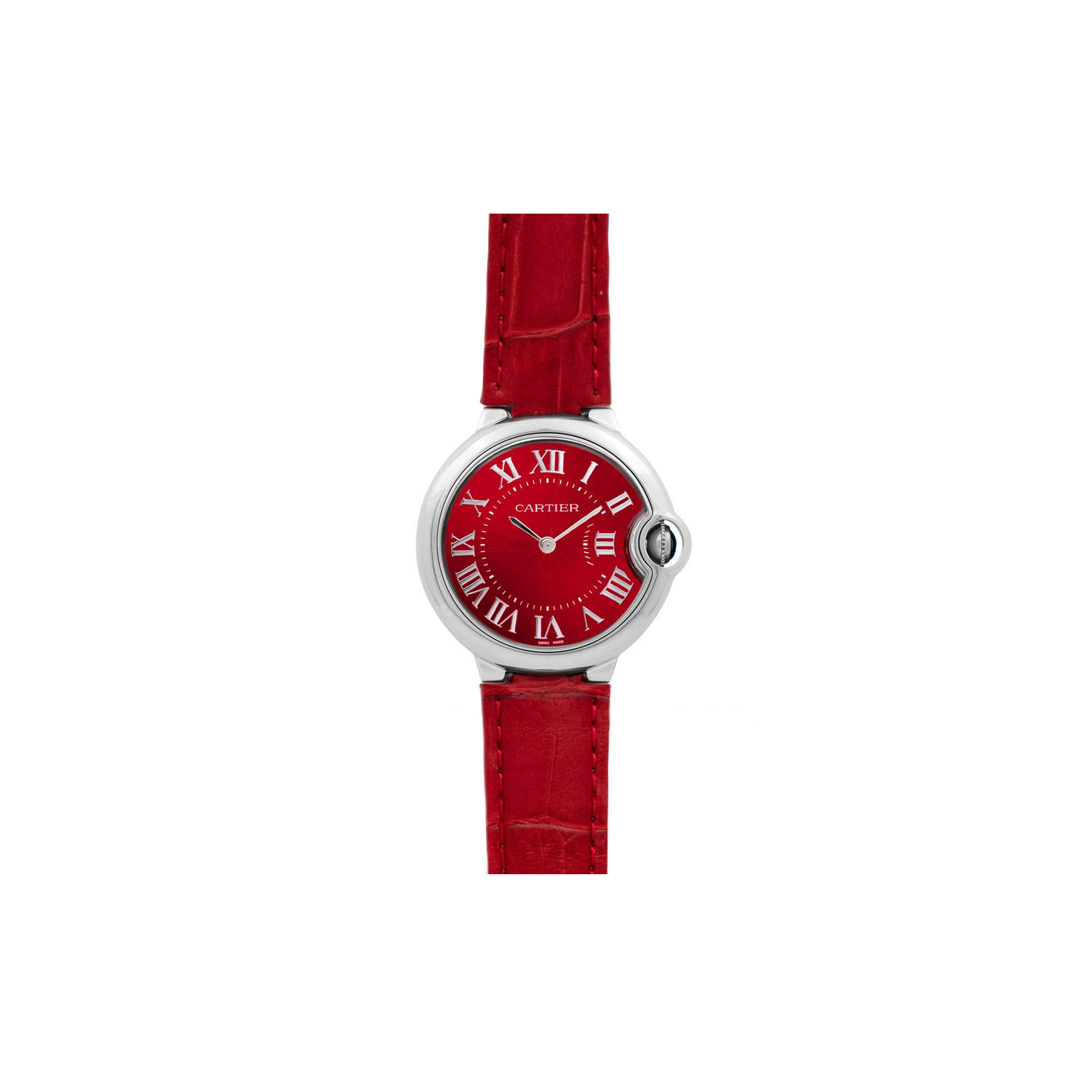 CARTIER BALLON BLEU DE CARTIER 33MM QUARTZ RED DIAL IN RED LEATHER STRAP WSBB0022