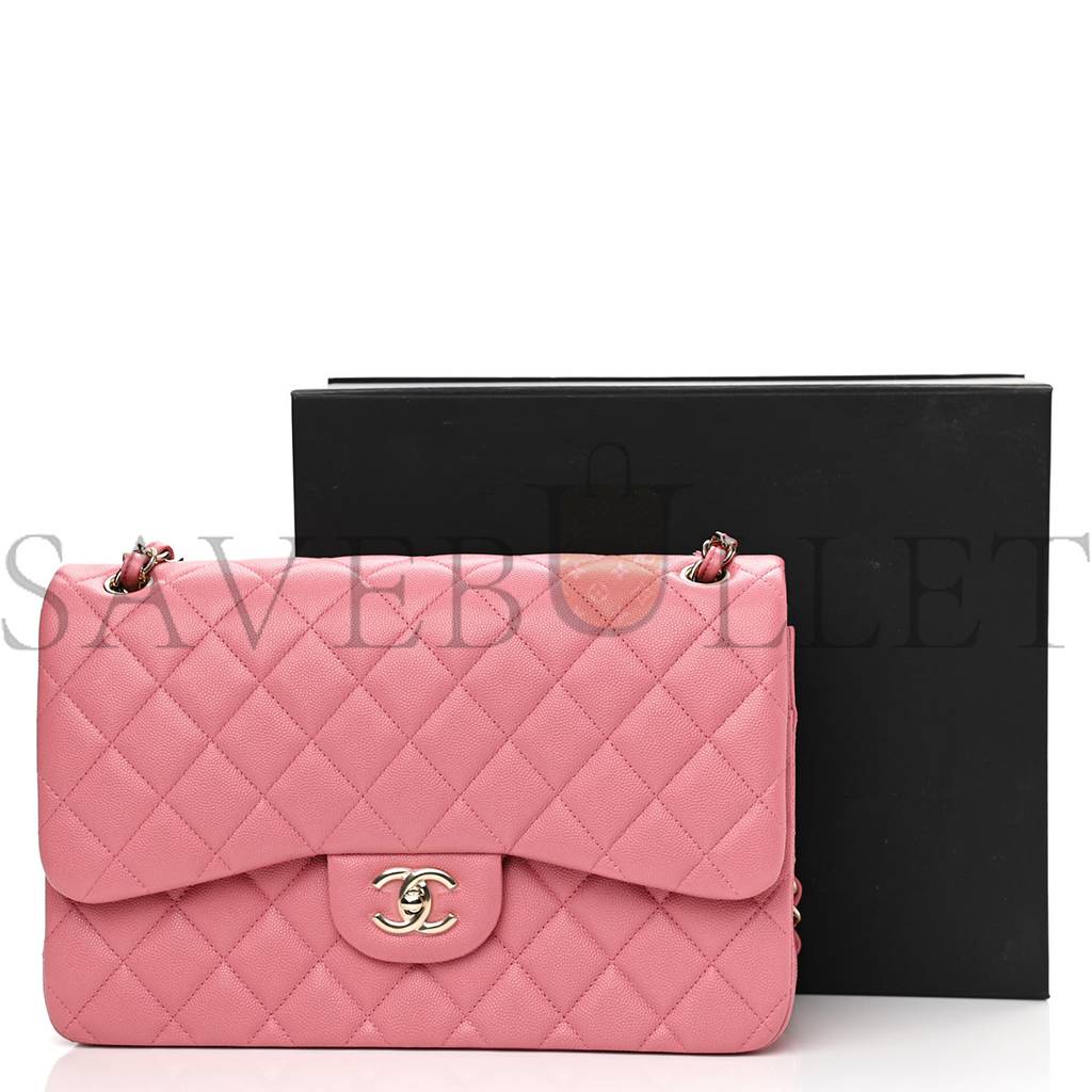 CHANEL CAVIAR QUILTED JUMBO DOUBLE FLAP DARK PINK ROSE GOLD HARDWARE (30*19*9cm)