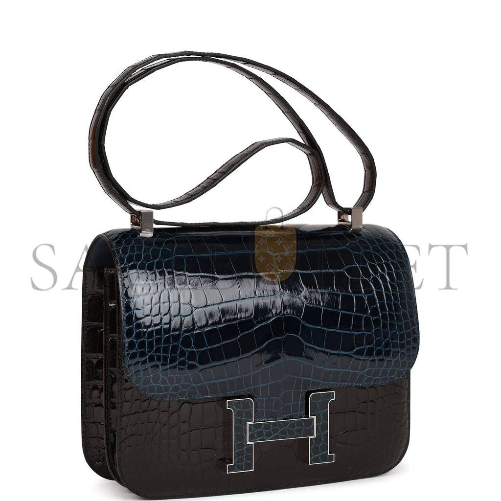 HERMES CONSTANCE 24 TRI-COLOR BLACK, BLEU BALTIQUE AND VERT ROUSSEAU SHINY ALLIGATOR PALLADIUM HARDWARE (24cm)