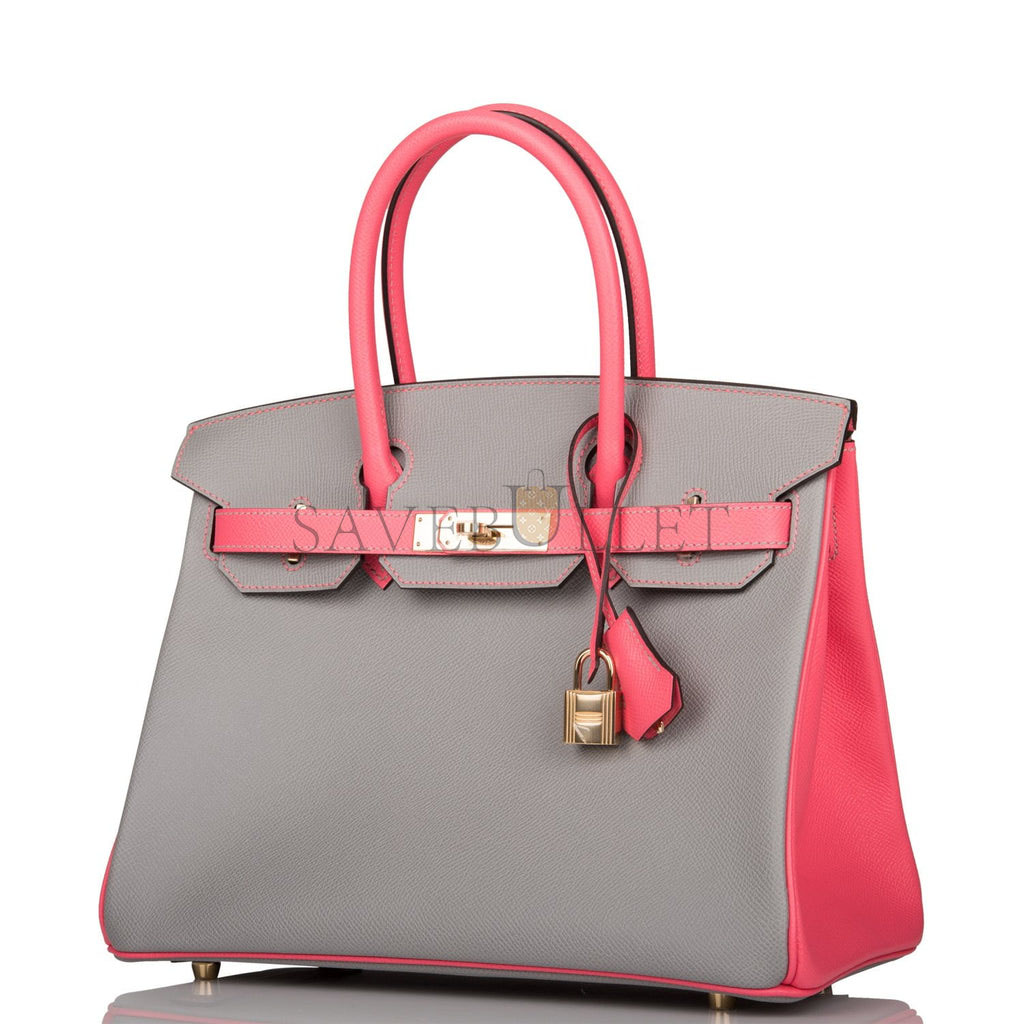 HERMES SPECIAL ORDER (HSS) BIRKIN 30 GRIS MOUETTE AND ROSE AZALEE EPSOM PERMABRASS HARDWARE( 30cm*22*16cm)