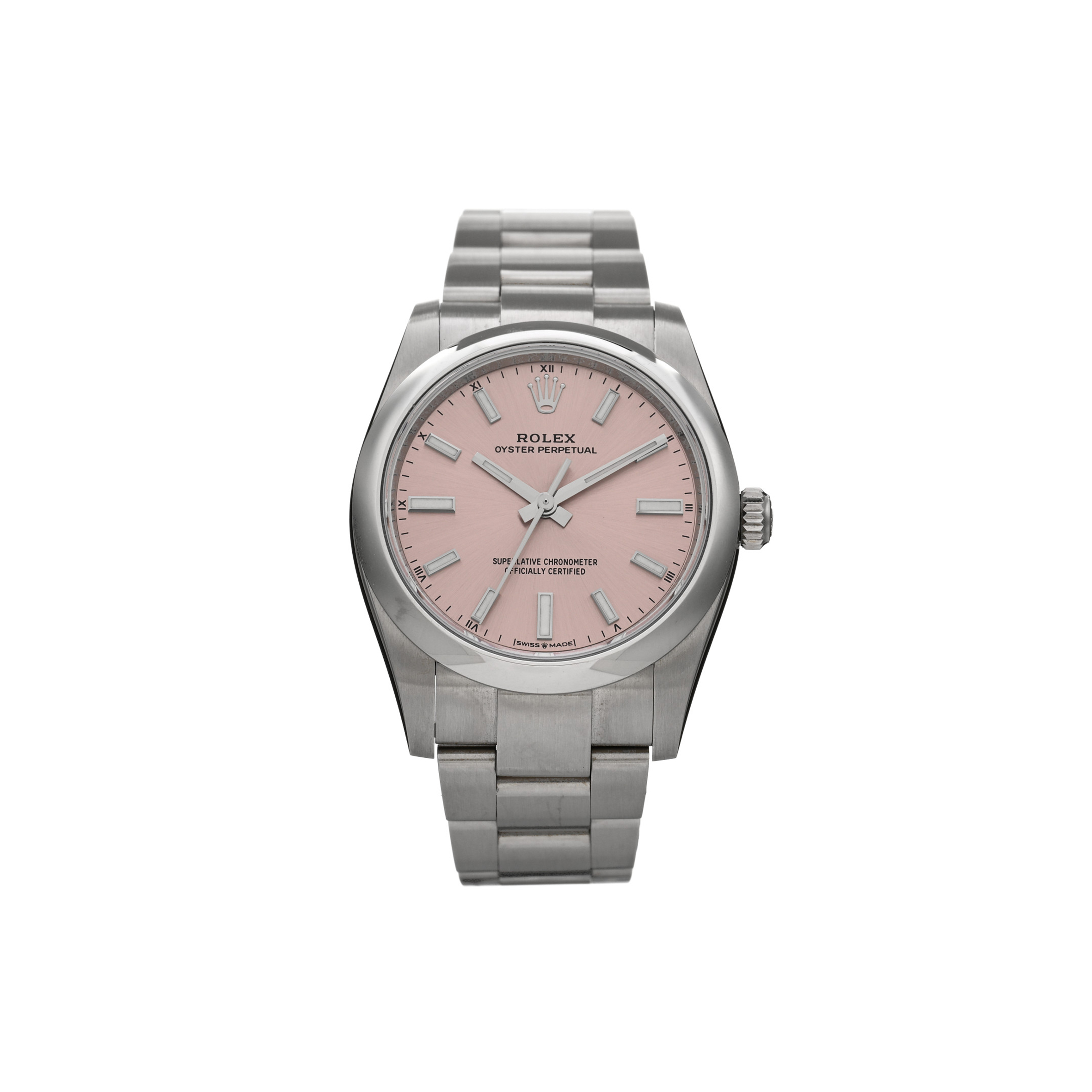 ROLEX STAINLESS STEEL 34MM OYSTER PERPETUAL WATCH PINK 124200