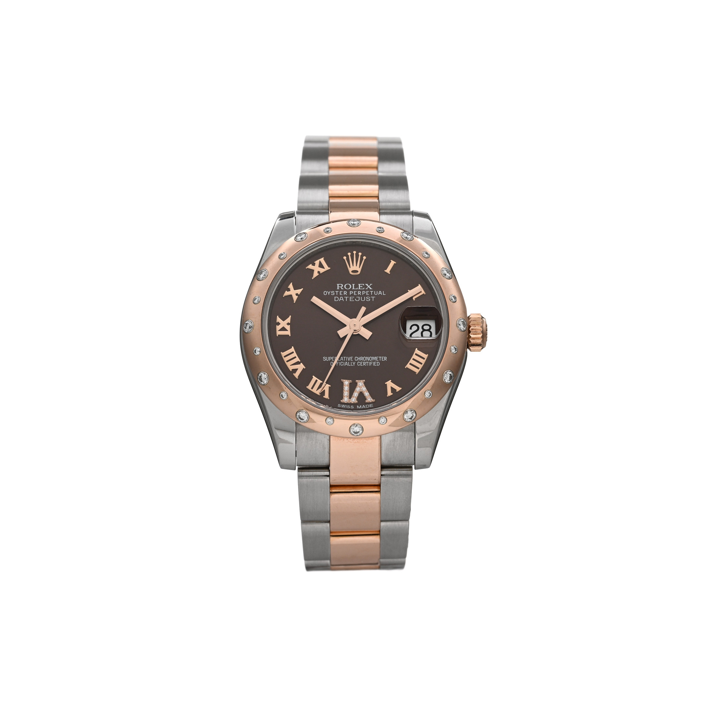 ROLEX STAINLESS STEEL 18K EVEROSE GOLD DIAMOND 31MM OYSTER PERPETUAL DATEJUST WATCH CHOCOLATE ROMAN 178341